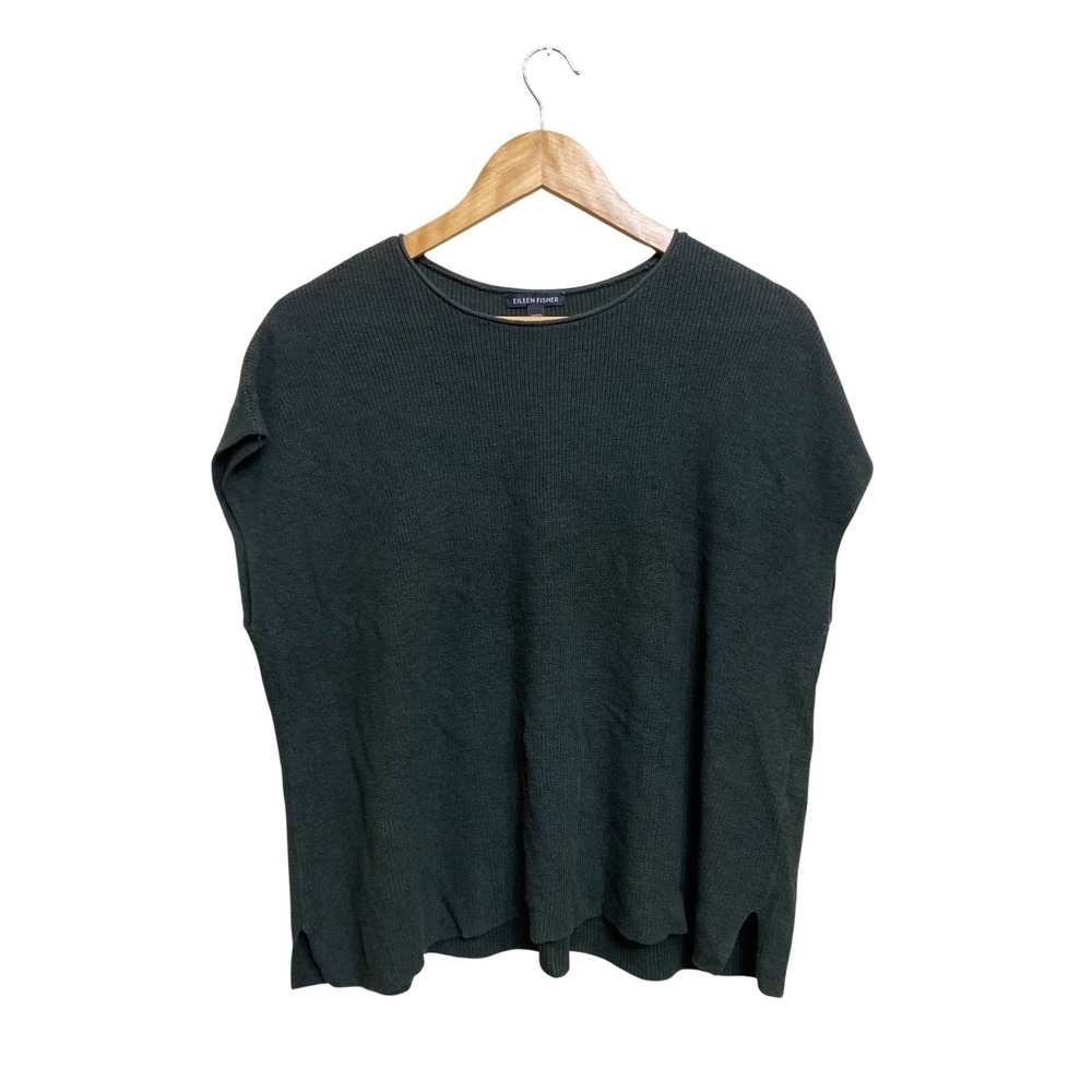 Eileen Fisher Organic Linen Cotton Ribbed Knit Cap Sleeve Sweater Vest Green M